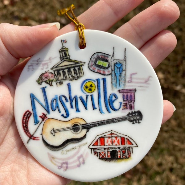 Nashville TN Ornament, ceramic ornament with string, featuring Capitol Building, Grand Ol Opry, guitar and music