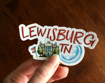 Lewisburg TN sticker with the Marshall County courthouse from downtown,  vinyl sticker that is water and weatherproof by Cordially Creative