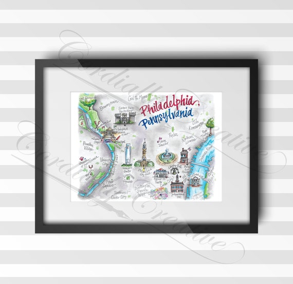 Philadelphia Map Watercolor Illustrated Print 8X10 Inches | Etsy