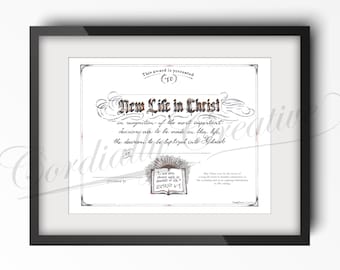 Baptism Certificate print with gold metallic ink, hand lettered / hand drawn, gift for baptism keepsake, art print, 10x8" size, in Christ
