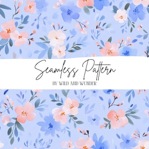 May include: A seamless pattern featuring watercolor-style flowers in shades of peach, light pink, and blue on a pale blue background. A white horizontal band across the center displays the black text Seamless Pattern BY WILD AND WUNDER.