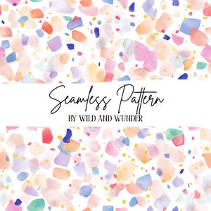 Könnte beinhalten: Ein nahtloses Muster mit abstrakten Formen im Aquarellstil in Rosa-, Orange-, Blau-, Lila- und Grüntönen auf weißem Hintergrund, durchsetzt mit kleinen goldenen Sprenkeln. Der Text lautet Seamless Pattern BY WILD AND WUNDER.