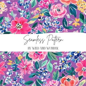 May include: A seamless floral pattern featuring vibrant pink, coral, and blue flowers with green leaves on a purple background. A white horizontal band across the centre displays the text Seamless Pattern BY WILD AND WUNDER in black font.