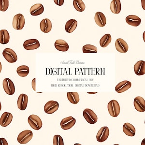 May include: A digital pattern featuring watercolor coffee beans scattered on a cream background. The beans are various shades of brown with a light stripe. The image includes the text "DIGITAL PATTERN" and other details.
