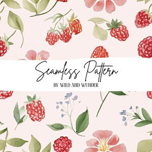 Raspberry Floral Seamless Pattern, Cottagecore Watercolor Flowers, Raspberry Pink Botanical Print, Romantic Garden Floral, POD Digital Paper