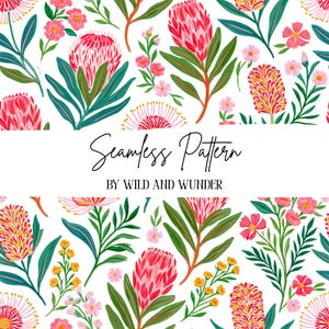 May include: A seamless pattern featuring vibrant pink protea flowers, yellow banksia blooms, and small pink blossoms with green foliage on a white background. The text Seamless Pattern BY WILD AND WUNDER is centered in the middle of the design.