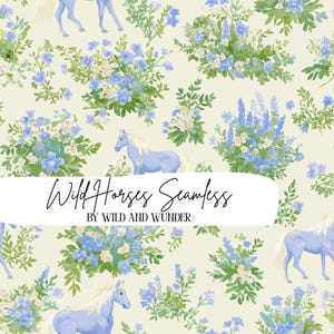 May include: A seamless pattern featuring light blue horses with cream manes and tails interspersed with clusters of blue and white flowers and green foliage on a cream background. The text reads Wild Horses Seamless BY WILD AND WUNDER.
