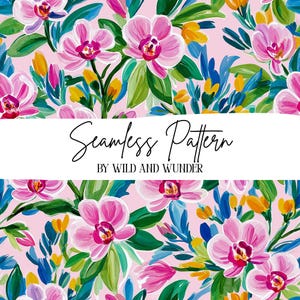 May include: A seamless pattern featuring painted pink orchids, green leaves, and small yellow and blue floral accents on a light pink background. The text Seamless Pattern BY WILD AND WUNDER is centered across the middle of the image.