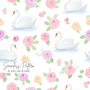 May include: A seamless pattern featuring white swans with orange beaks floating on light blue water, interspersed with watercolor-style pink, lavender, and yellow roses and green leaves on a white background. Text reads Seamless Pattern BY WILD AND WUNDER.