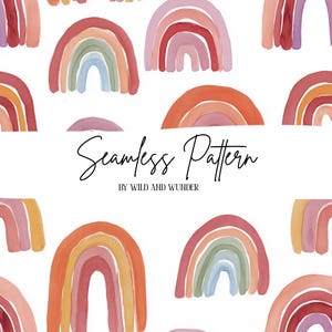 Pode incluir: Um padrão contínuo com arco-íris em estilo aguarela em tons de vermelho, laranja, rosa e azul sobre um fundo branco. O texto Seamless Pattern BY WILD AND WUNDER está centrado em letras cursivas e de imprensa pretas sobre o design.