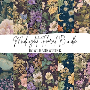 Midnight Floral Pattern Bundle, Celestial Night Sky Seamless Digital Paper, Vintage Romance Florals, Gothic Botanical Bundle, Commercial Use