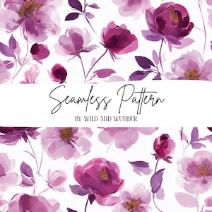 Puede incluir: Un patrón sin costuras con flores de color púrpura y magenta al estilo acuarela con tallos y hojas verdes sobre un fondo blanco. El texto Seamless Pattern BY WILD AND WUNDER está impreso en negro sobre una banda blanca horizontal.