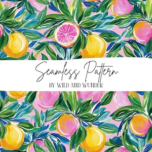 May include: A seamless pattern featuring painted citrus fruits in shades of yellow, orange, and pink, surrounded by dark green leaves on a light pink background. The text Seamless Pattern BY WILD AND WUNDER is centered in a white horizontal band.