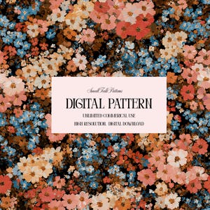 May include: A digital pattern with a dense floral design in peach, coral, blue, and cream hues set against a dark backdrop. The image includes text that reads "DIGITAL PATTERN" and "UNLIMITED COMMERCIAL USE".