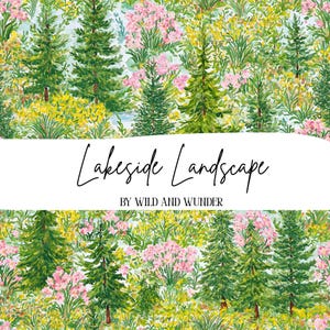 Motif paysage au bord d'un lac sans couture, papier numérique nature pittoresque, impression lac de montagne, extérieur cottage, usage commercial