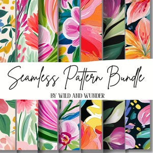 May include: A digital collection of seamless patterns featuring vibrant floral and botanical illustrations in shades of pink, orange, yellow, green, and black. The text Seamless Pattern Bundle by Wild and Wunder is centered over the designs.