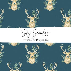 May include: A seamless pattern featuring illustrated tan stag heads with antlers and green foliage on a dark teal background. A white horizontal banner across the center displays the black text Stag Seamless BY WILD AND WUNDER.