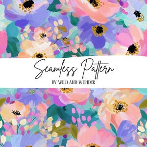 Può includere: Un motivo senza cuciture con fiori dipinti nelle tonalità pesca, viola, blu e verde acqua con centri neri e dorati. Una fascia orizzontale bianca al centro mostra il testo nero Seamless Pattern BY WILD AND WUNDER.