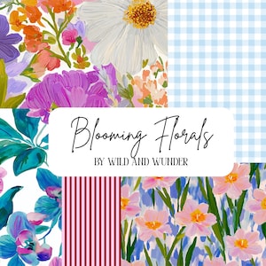 Watercoulor Floral Pattern Bundle of 5, Bold Bloom Seamless Prints, Pink Stripes & Gingham, Commercial Use