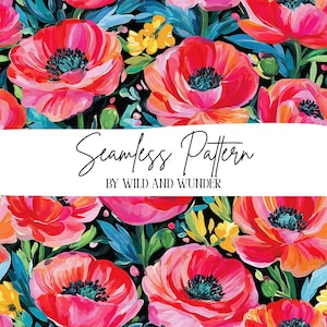 May include: A seamless pattern featuring vibrant red poppies with dark centers, interspersed with yellow flowers and teal foliage on a black background. A white horizontal band across the center displays the text Seamless Pattern BY WILD AND WUNDER.