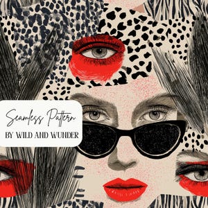 May include: A seamless pattern featuring a stylised face wearing black cat-eye sunglasses, with bright red lips and red eyeshadow accents. The background includes black leopard spots and dark brushstroke textures. Text reads: Seamless Pattern BY WILD AND WUNDER.