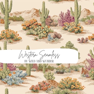 Western Desert Toile Seamless Pattern, Cowboy Landscape Print, Rustic Country Digital Paper, Vintage Western Design, Commercial Use