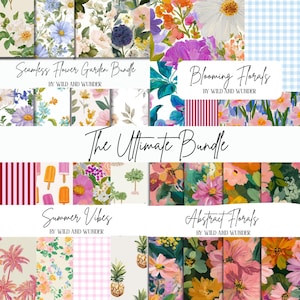 May include: A digital collection of seamless patterns featuring floral, fruit, and geometric designs. The image displays text labels including Seamless Flower Garden Bundle, Blooming Florals, The Ultimate Bundle, Summer Vibes, and Abstract Florals.