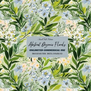 May include: An abstract floral pattern featuring a light green background with white, light blue, and peach-colored flowers and green leaves. The text "Abstract Organic Florals" is displayed on a blue-gray rectangle, along with other text.