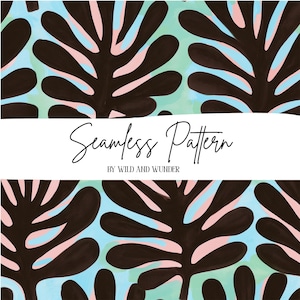 Pode incluir: Um design de padrão sem costura com grandes formas de folhas pintadas à mão em castanho escuro sobre um fundo de manchas azul-claras e rosa suave tipo aguarela. O texto Seamless Pattern BY WILD AND WUNDER está centralizado.