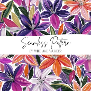 May include: A seamless pattern featuring stylized lilies in shades of purple, orange, pink, and white, interspersed with dark green leaves. The text Seamless Pattern BY WILD AND WUNDER is centered horizontally across the middle of the image.