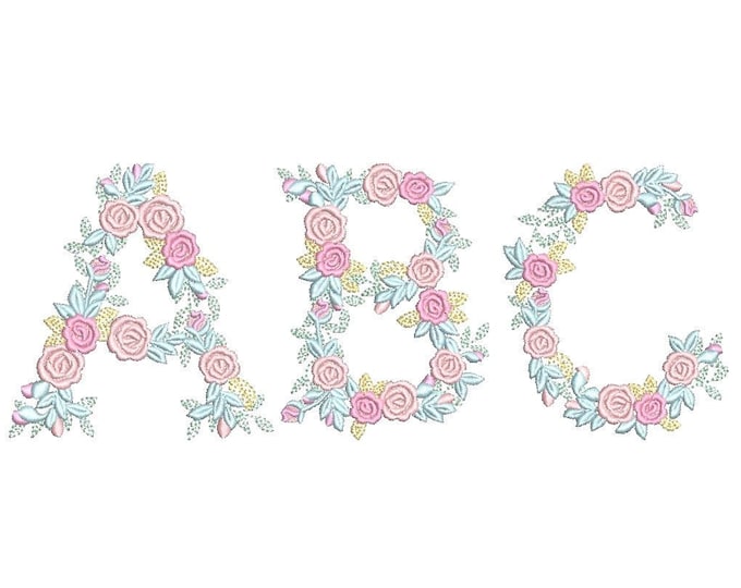 Delicate Roses Floral font alphabet garden flag monogram liberty fashioned flower Font machine embroidery designs 3, 4, 6, 7, 8" included BX