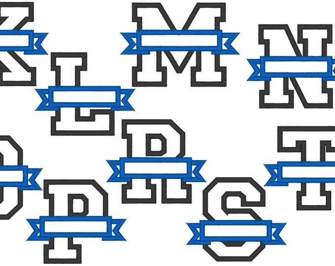 Collegiate Varsity Split Letters with banner applique machine embroidery designs, whole font monogram monogramming SET size 3, 4, 5 inches