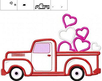 Vintage station wagon red truck, with hearts in the back, red truck with floating heart machine embroidery applique fill design 4x4 5x7 6x10