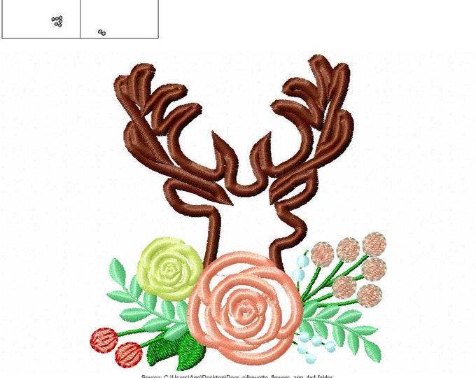 Small Buck Deer flowers bouquet shabby shick Silhouette 4x4 Machine embroidery design Deer flowers boho embroidery applique INSTANT DOWNLOAD