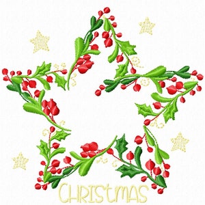 May include: A red and green embroidered Christmas star with the word "CHRISTMAS" written below. The star is surrounded by small yellow stars.