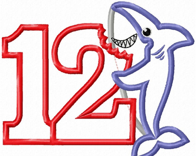 Baby Shark Birthday number 12 twelve bitten number baby kids boy Birthday outfit design machine embroidery applique designs hoop  5x7, 6x10