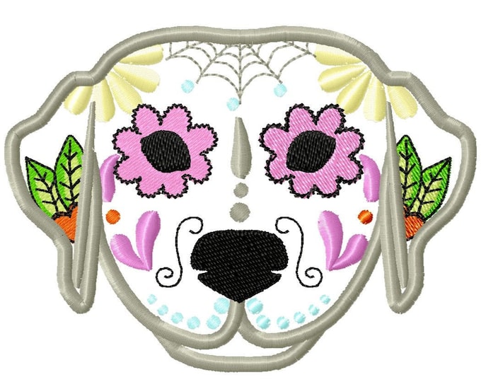 Lab Labrador Sugar Skull applique machine embroidery design, pet dog skull machine embroidery for hoop 3, 4, 5 and 6 inches