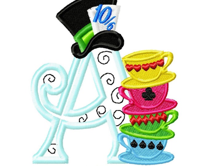 Letter A Mad hatter tea party 4x4 machine embroidery designs