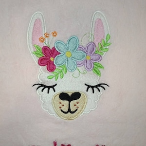 Llama face fill stitch and applique machine embroidery designs lama alpaca head with shabby chick roses crown cute floral llama girl kids