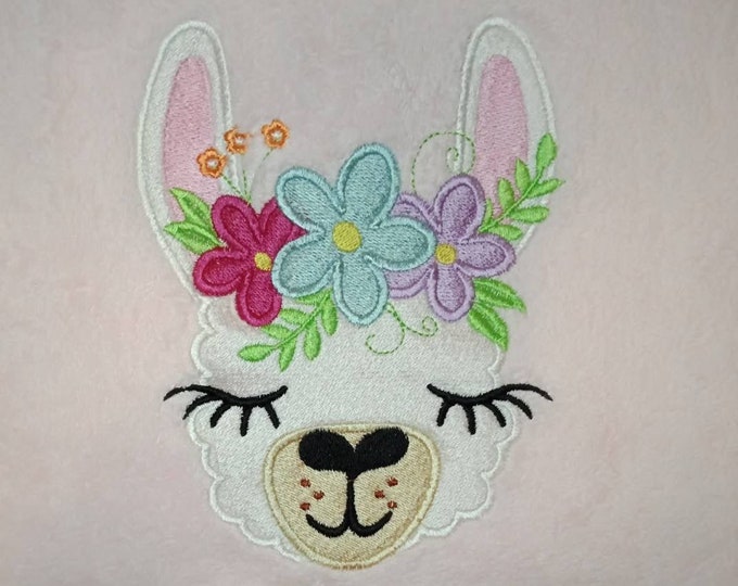 Llama face fill stitch and applique machine embroidery designs lama alpaca head with shabby chick roses crown cute floral llama girl kids