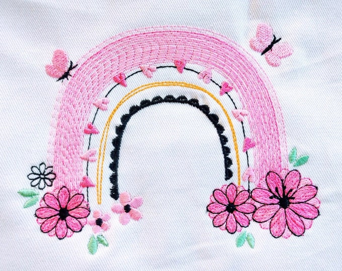 Floral and Butterfly cute adorable Rainbow light stitch rainbow in multiple sizes, rainbow machine embroidery design, outline sketch stitch