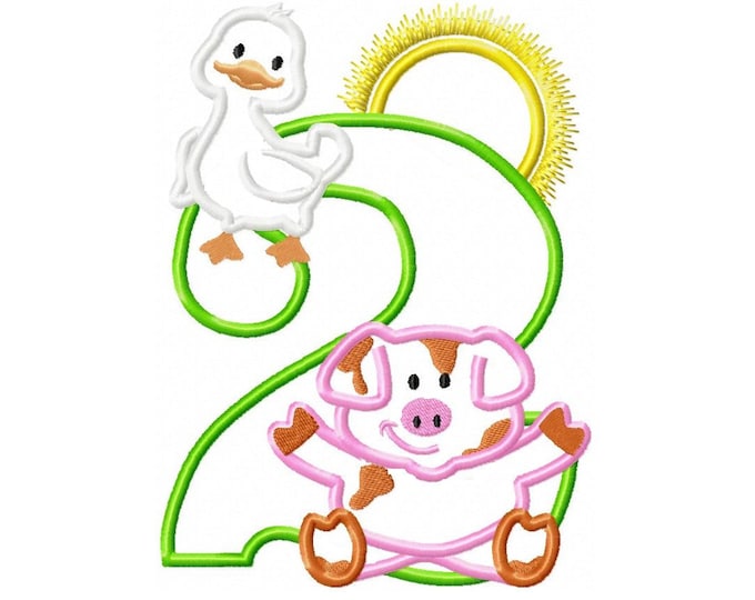 Farm birthday number 2 two duck and pig - cute farm theme machine embroidery applique design 5x7, farm animals for children INSTANT DOWNLOAD