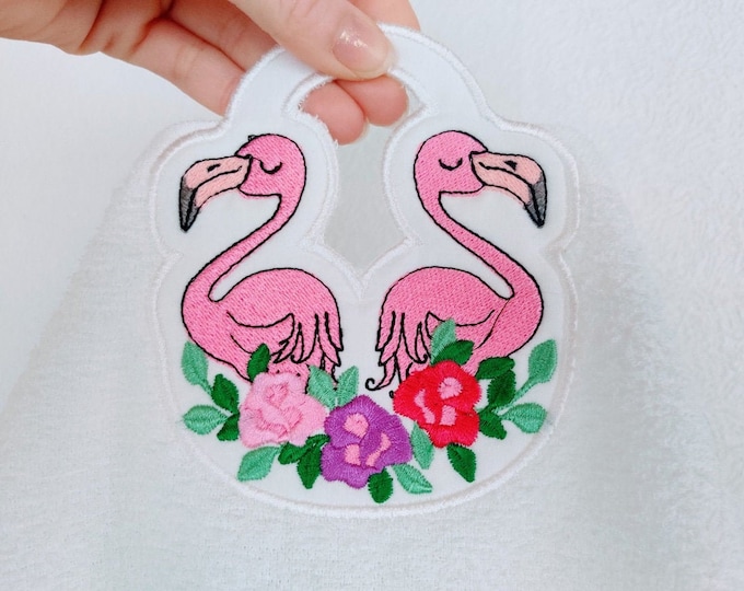 Two flamingos with roses towel topper hanging hole in the hoop ITH machine embroidery designs for hoop 4x4, 5x7, 6x10 awesome flamingo bird