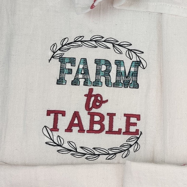 Farm to table - kitchen towel Primitive Farm to table leaf frame plaid gingham tartan dish kitchen towel quote machine embroidery designs