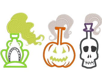 May include: Three Halloween-themed potion bottles with different coloured smoke coming out of the top. The bottles are shaped like a frog, a pumpkin, and a skull.