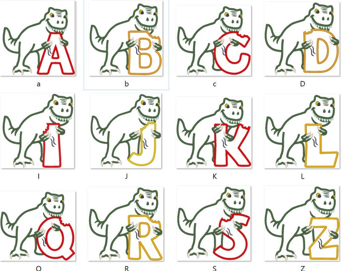 T-rex dinosaur Personalized name letter whole alphabet 26 letters machine embroidery Birthday outfit designs - for hoops 4x4, 5x7, 6x10