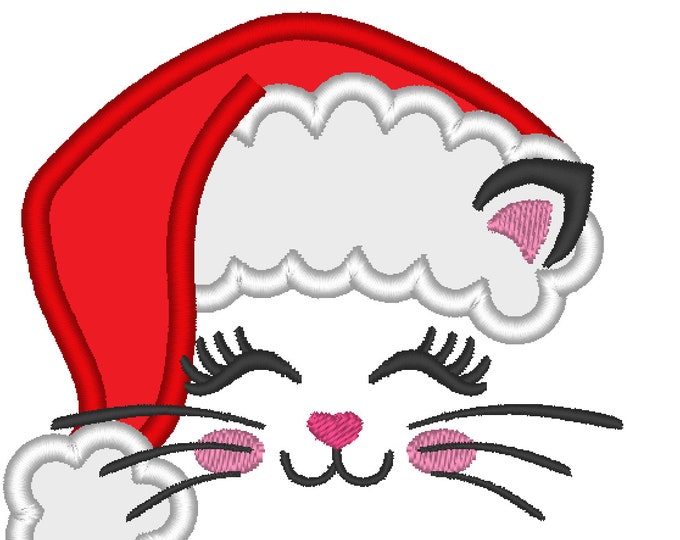 Little Christmas Kitty Cat with Santa hat Applique Cat face kids baby girls machine embroidery designs many sizes 3 up to 5.5 inches