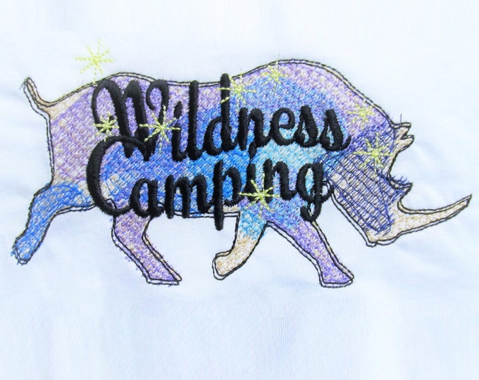 Wildness camping rhino silhouette sketch stitch outline bean quick triple, lock stitch simply urban machine embroidery design, wild and free