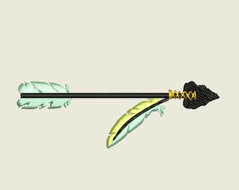 May include: A black arrow with a gold tip and two green and yellow feathers. The arrow is pointing to the right.