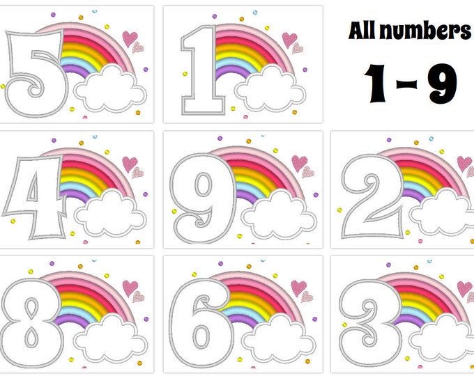 Cute Rainbow Birthday Numbers machine embroidery applique designs size 4, 5 and 6.5 inches, rainbow in clouds kids birthday numbers SET 1-9